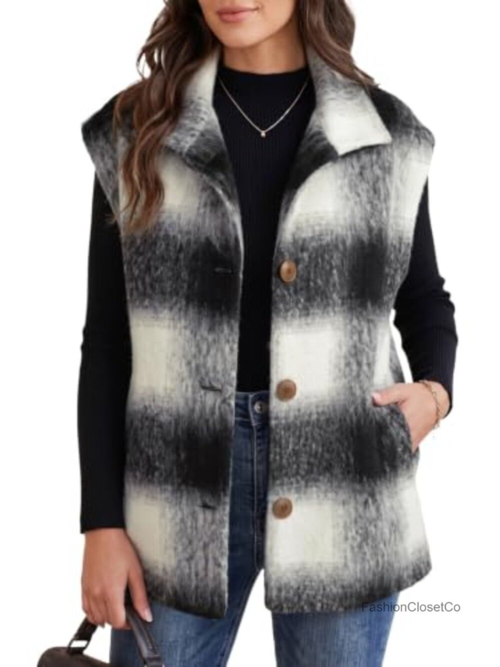 Oversized Plaid Vest with Cap Sleeves and Button Closure